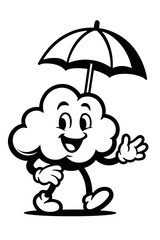 Black and White Illustration of a Cartoon Cloud Character Holding an Umbrella - Graphic Element for Weather, Fun, or Design Themes
