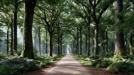Enchanting Forest Trail: Mysterious Path with Sunlight Filtering Through Dense Canopy for Contrast and Depth