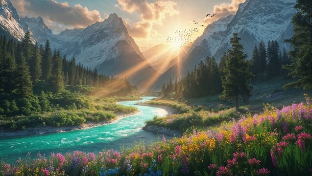 Paysage naturel &eacute;poustouflant au lever du soleil : une vall&eacute;e luxuriante entour&eacute;e de hautes montagnes enneig&eacute;es, une rivi&egrave;re turquoise serpentant &agrave; travers une for&ecirc;t dense de pins et d&rsquo;arbres feuillus