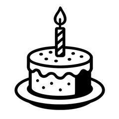 Black and White Illustration of a Small Cake with One Candle - Graphic Element for Celebrations, Events, or Design Themes