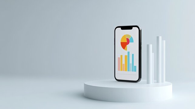 3D icon of a mobile phone showing charts white backdrop.