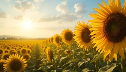 Obraz premium A vibrant sunflower field stretches to the horizon, bathed in the warm glow of the setting sun.