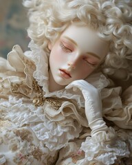 Fototapeta premium A Rococo-style doll with curly hair and closed eyes. She has a powdered face, light makeup, and wears a frilly dress with silk gloves. Close-Up.