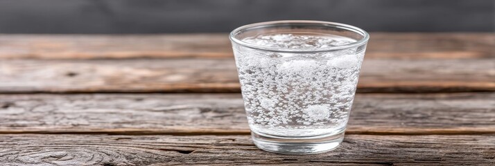 Sparkling Water in Glass on Wood - Glass of carbonated water sits on rustic wooden surface. Refreshing drink, healthy hydration