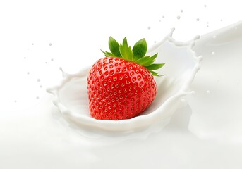 A strawberry splashing into a pool of white liquid