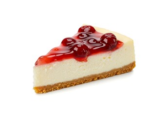 Slice of cherry cheesecake on a white background view