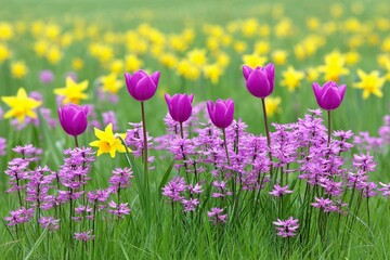 Obraz premium Spring Meadow Wildflowers - Vibrant purple tulips and yellow daffodils bloom in a lush green meadow, interspersed with delicate purple wildflowers