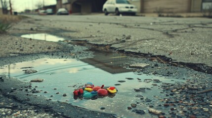 Child s toy in black oil puddle on cracked asphalt symbolizes urban decay and lost innocence