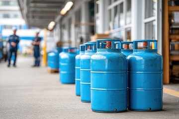 Gas cylinders lined up for distribution at a storage facility during daylight hours