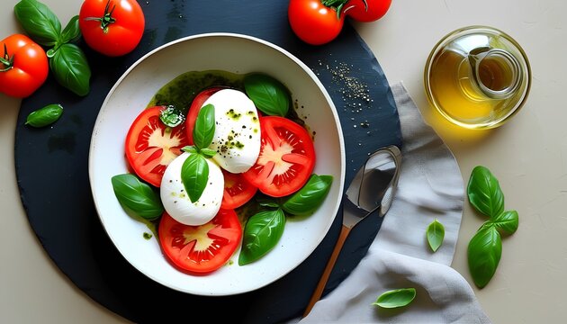 Caprese salad with sliced tomatoes fresh mozzarella basil and balsamic glaze served on a slate plate