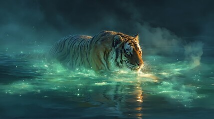 Tiger emerging from a mystical water body