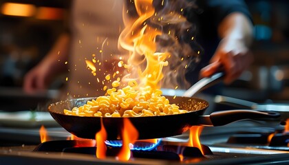 An open kitchen scene with a chef tossing penne arrabbiata in a skillet, flames leaping motion blur and energy