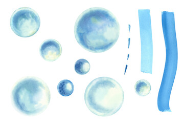 Set of air bubbles, blue spots of different shades of round shapes. Watercolor hand-drawn templates for marine design, children's books, educational materials, decor, wrapping paper,