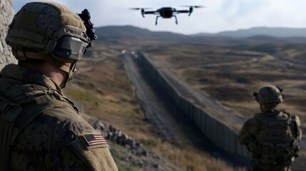Two soldiers monitor a border area, using a drone for surveillance. The landscape features mountains and a long wall, indicating a strategic observation point
