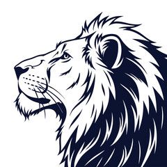 Majestic lion head profile in dark blue and white vector graphic illustration