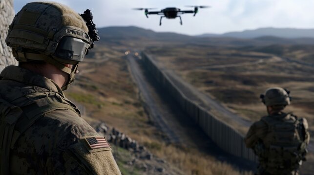 Two soldiers monitor a border area, using a drone for surveillance. The landscape features mountains and a long wall, indicating a strategic observation point