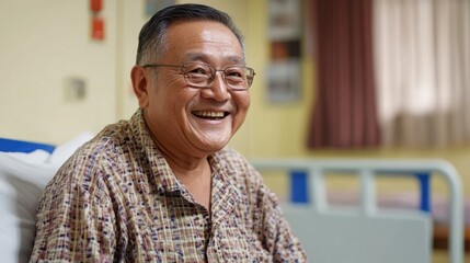 Fototapeta premium Smiling Asian Senior Man in Hospital Bed Close Up Portrait of Recovery and Hopeful Outlook for Health and Wellness