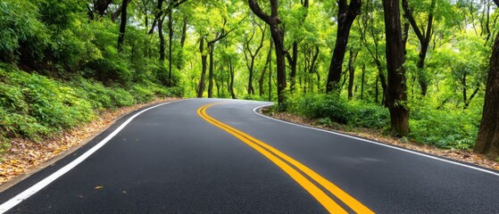Obraz premium Winding Road Through Lush Green Forest Landscape Scenic Drive Asphalt Pavement Yellow Lines Perspective View Nature Travel Destination Adventure