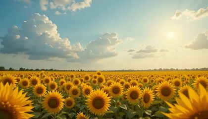 Obraz premium A vibrant and sunny sunflower field stretches to the horizon under a blue sky with soft clouds.