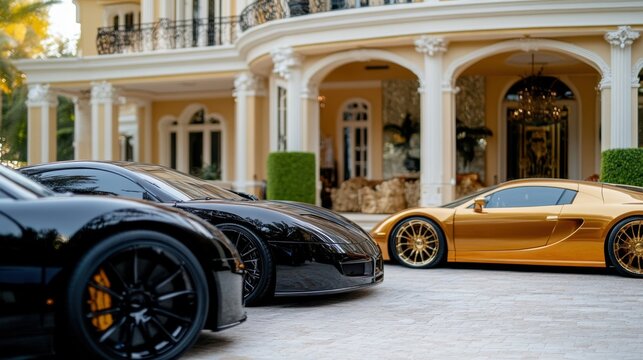A collection of high-end sports cars, including a sleek black and a striking gold model, parked elegantly outside a lavish mansion on a bright afternoon, highlighting luxury and sophistication