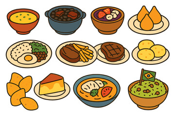 A large vector set of Brazilian dishes served in bowls and on plates is available