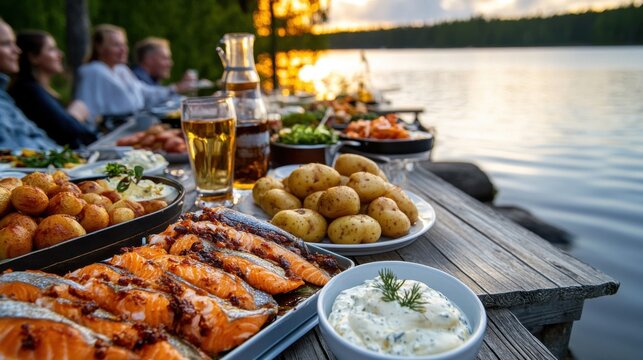 Groups of friends gather by the lake to relish a summer meal featuring grilled fish, potatoes, fresh vegetables, and drinks as the sun sets on the horizon