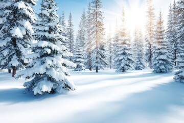 Naklejka premium Sunlit Winter Forest Snowscape - Serene winter wonderland, snow-covered trees, sunlit forest, tranquil atmosphere, peaceful nature scene. Symbolizing peace, serenity, winter, nature, and magic