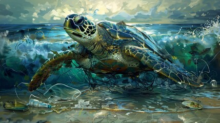 Obraz premium Turtle entangled in plastic rings on contaminated beach with oil stains and grey foam waves