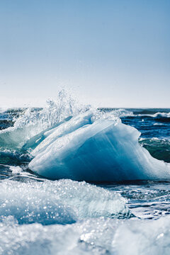Ice formations at Diamond Beach, Iceland during a sunny day
