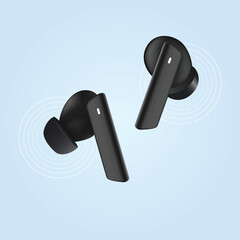 Modern Black Wireless Earbuds Isolated on Blue Background, Realistic Vector Illustration, 3d Render of tws isolated, wireless earphones, Wireless Stereo, Modern Black Wireless Earbuds with Charging.