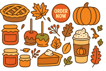 A bundle of hand-drawn clip arts featuring seasonal food and drinks, including apple and pumpkin pie, jam jars with leaves, caramel apples, and pumpkin spice latte, all represented as vector