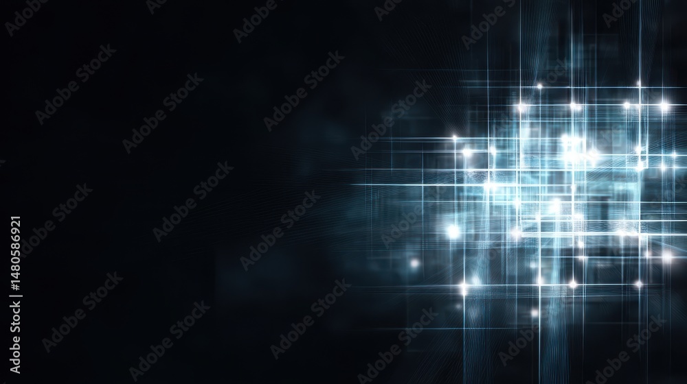 Poster futuristic black abstract background with glowing geometric shapes, cyber light streaks, digital gri