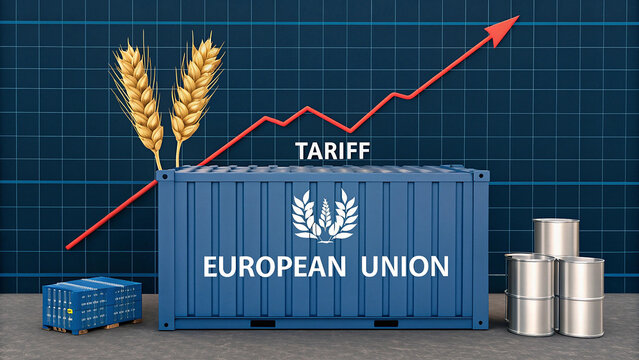 EU container with tariff symbol and declining graph - Powered by Adobe
