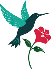 Hummingbird hovering near a red flower