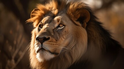 Fototapeta premium Majestic Lion with African Savanna Sunset.