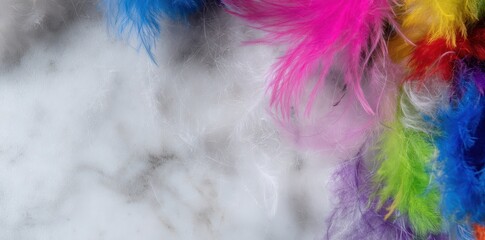 The title 'Colorful Feathers' captures the essence of a bold display featuring pink, orange, red, and blue against a solid blue background