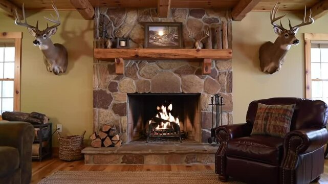 Rustic Interior Warmth With Stone Fireplace And Mounted Deer Heads