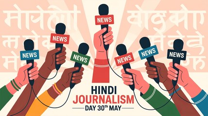 Hindi Journalism Day, Diverse hands holding microphones celebrating Hindi Journalism Day on 30th May.