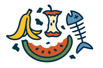 Isolated on a white background is organic waste, including food compost rubbish such as banana and watermelon rind, fish bone, and apple stump