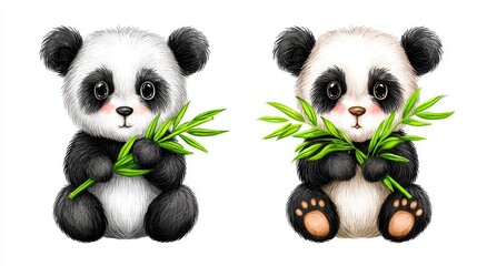 Fototapeta premium Two Cute Panda Bears Enjoying Bamboo - Adorable panda cubs, one black and white, one light brown and white, happily munching on fresh bamboo shoots. Symbolizing: nature, innocence, friendship, peace