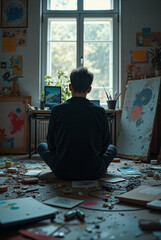 The image shows a man sitting on the floor in front of a window