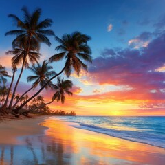 Tropical beach sunrise with palm trees and colorful sky in Punta Cana Dominican Republic