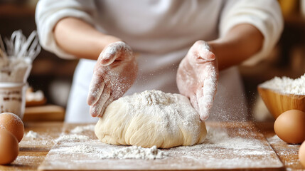 Hands Kneading Dough and Dusting Flour, Homemade Baking Scene