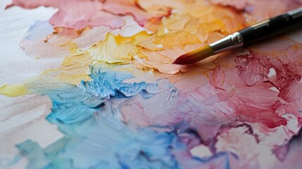 Close-up of an abstract painting with a paintbrush on the right side. the painting is made up of different shades of pink, orange, yellow, blue, and purple, creating a splatter-like effect.