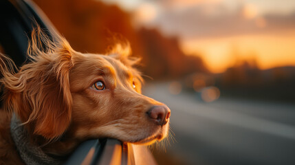 Dog Resting in Car on Pet Road Trip, Head Out Window, Golden Hour Lighting
