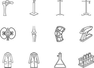 Black outlined medical tool and equipment icons showcase medicine and healthcare line art set