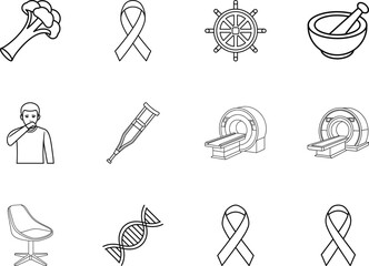 Outlined icon set includes health food, oncology support, and pharmaceutical tools