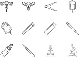 Medical icons with human uterus, tools, microscope, IV bag in line drawing style