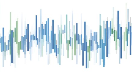 Stock market trends visualized as fluctuating bars in various shades of blue and green.  Data points show a mix of upward and downward movements