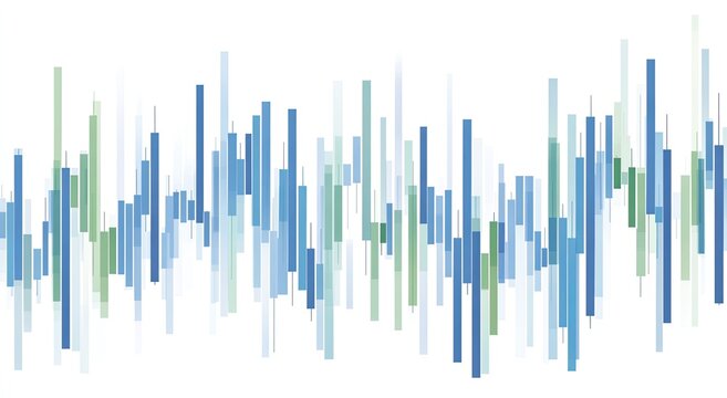 Stock market trends visualized as fluctuating bars in various shades of blue and green.  Data points show a mix of upward and downward movements